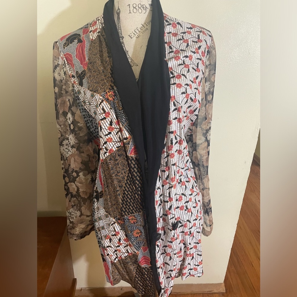 Vintage Mixed Media Sheer Sleeve Lightweight Open Blazer/Top